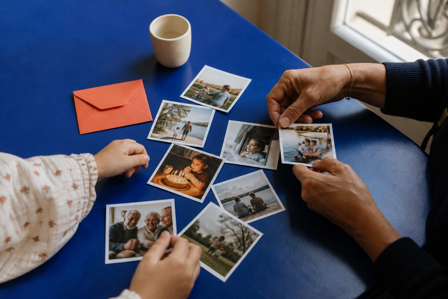 Des mains trient des mini tirages sur une table bleue.
